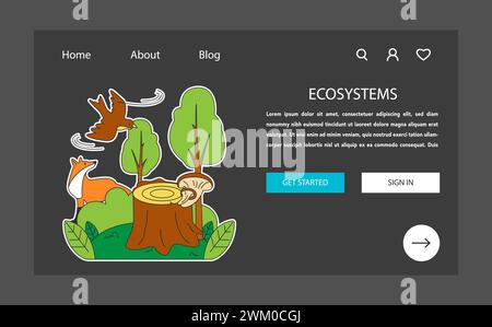 Ecosystem web banner or landing page dark or night mode. Wildlife and environment, flora and fauna. Earth climate awareness and habitat saving. Flat vector illustration Stock Vector