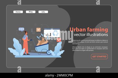 Energetic woman with a wheelbarrow of compost, focusing on sustainable urban farming, surrounded by digital tasks and eco-friendly symbols. Flat vector illustration Stock Vector