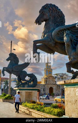 Torre del Reloj, Muelle de los Pegasos, Bahía de las Animas, Cartagena de Indias, Bolivar, Colombia, South America Stock Photo