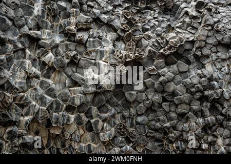 Interesting volcanic rock shapes, scenic basalt column pattern and texture. Natural abstraction and background concepts. Stock Photo