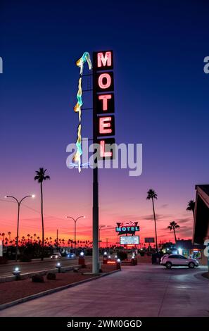 Neon Motel and diving woman sign, Starlite Motel Mesa, Phoenix, Arizona, USA Stock Photo