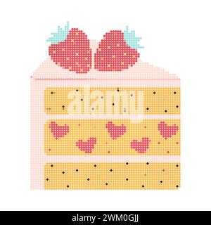 Dot pixel strawberry cake. Piece of dessert strawberry cake. Sweet berry Natural summer dessert and 8bit vector element. Piece of dessert cake. Vector Icon illustration pastry.  Stock Vector