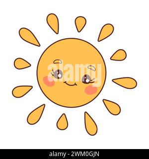 Cartoon funny kawaii sun character with thumb up. Happy summer