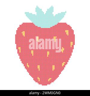 Red dots pixel strawberry. Sweet berry with yellow seeds and green tail. Natural summer dessert and 8bit vector element. Vector illustration Stock Vector