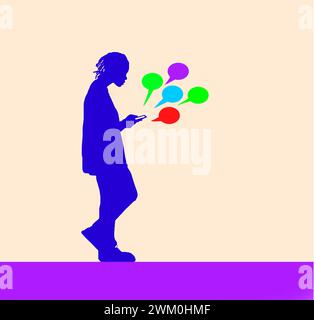 Young man texting on smart phone with speech bubbles against beige background Stock Photo