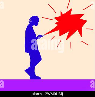Young man receiving aggressive text on smart phone with red speech bubble against beige background Stock Photo