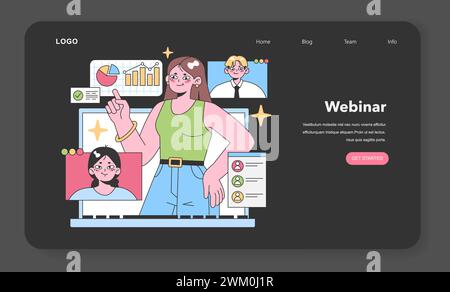 Confident woman multitasks with digital screens engaging in a video call while analyzing data graphs. The modern workspace blends personal interaction and data-driven decision-making. Flat vector Stock Vector