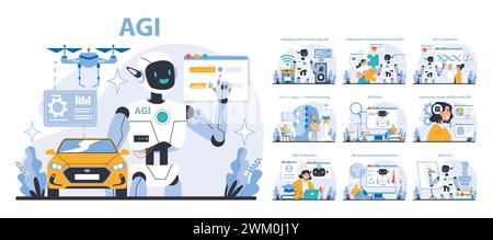 AGI set. Futuristic AI integration in daily life, healthcare, and education. Robotic advancements transforming human interaction and abilities. Flat vector illustration. Stock Vector