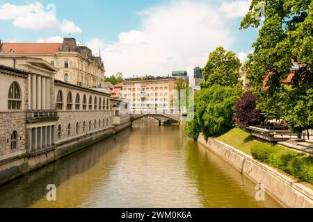 Slovenia, Ljubljana, Ljubljanica river and Central Market building in summer Stock Photo