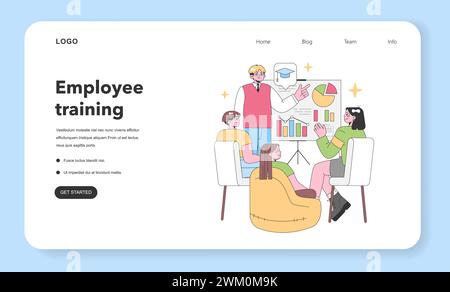 Education insights concept. A presenter explaining data charts to attentive listeners, emphasizing knowledge transfer in a cozy learning environment. Flat vector illustration. Stock Vector