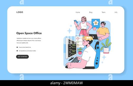 Modern office setting. Man focused on coding task while teammates discuss and use mobile. Vibrant workspace elements and greenery. Tech collaboration. Flat vector illustration. Stock Vector