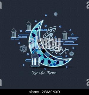 Ramadan Kareem background with Arabic calligraphy word. Crescent lantern and Islamic elements decorations in neon style. Stock Vector