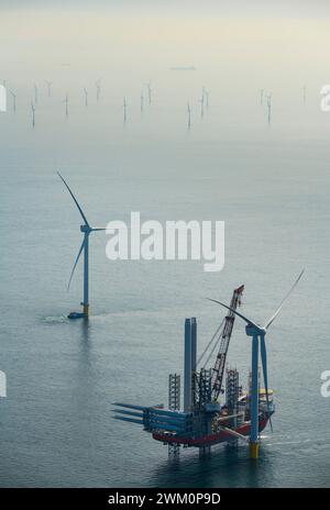 Netherlands, North Holland, IJmuiden, Aerial view of wind turbine installation vessel at offshore wind farm Stock Photo