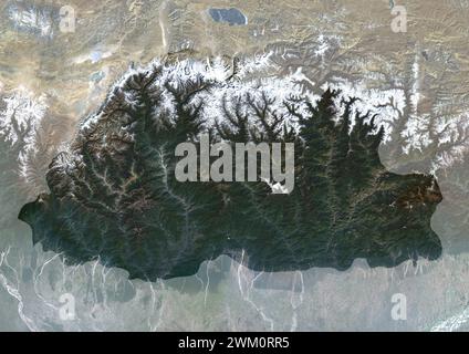 Color satellite image of Bhutan in the Eastern Himalayas, with mask. Stock Photo