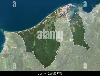 Color satellite image of Brunei with borders and mask. The country is  located on the north coast of the island of Borneo in Southeast Asia. Stock Photo