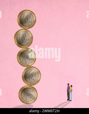 Two people looking at unstable column of oversized one Euro coins Stock Photo