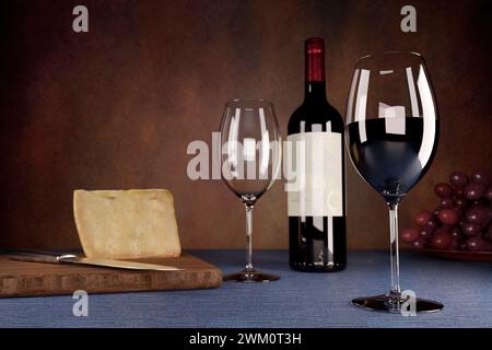 3D render of cheese board, wineglasses and bottle of red wine Stock Photo