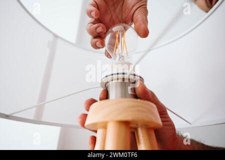 Electrician installing light bulb in electric lamp at home Stock Photo