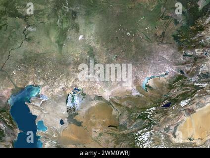 Color satellite image of Central Asia centered on Kazakhstan. Stock Photo