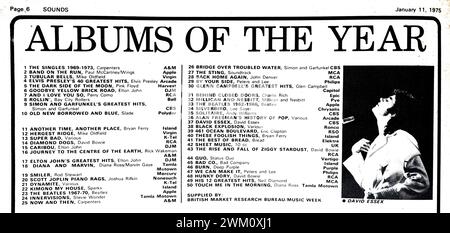 Top 50 Albums of the year 1974, chart from Sounds music paper. Number one place The Carpenters.  Includes Deep Purple with Burn at number 46 just above Peters and Lee Stock Photo