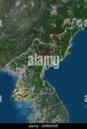 Color satellite image of North Korea and neighbouring countries, with borders. Stock Photo