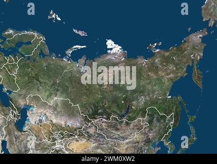 Color satellite image of Russia and Northern Asia, with borders. Stock Photo