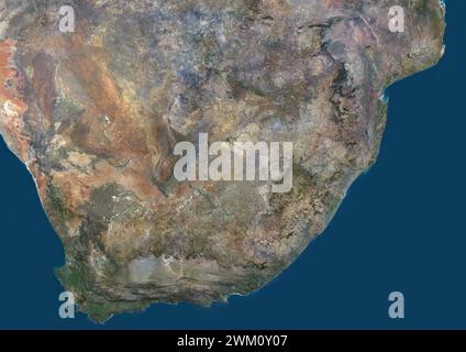 Color satellite image of South Africa and neighbouring countries, including Lesotho and Eswatini (former Swaziland). Stock Photo