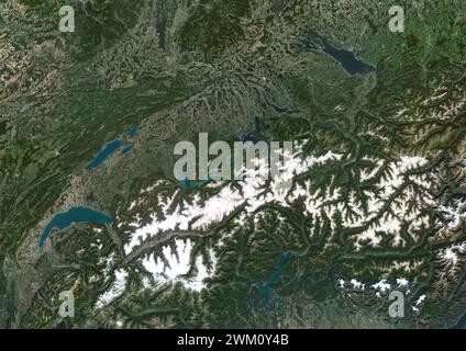 Color satellite image of Switzerland and neighbouring countries. Stock Photo