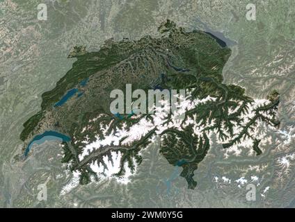 Color satellite image of Switzerland, with mask. Stock Photo