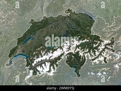 Color satellite image of Switzerland, with borders and mask. Stock Photo