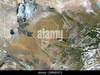 Color satellite image of Uzbekistan and neighbouring countries, with borders. Stock Photo