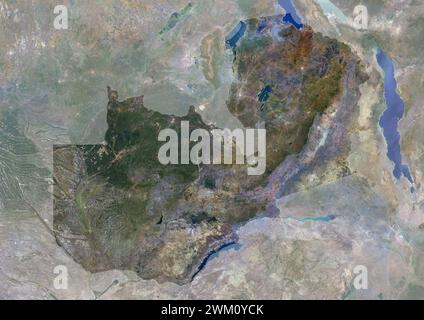 Color satellite image of Zambia, with mask. Stock Photo