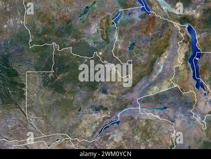 Color satellite image of Zambia and neighbouring countries. Stock Photo