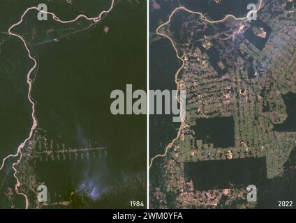 Color satellite image of deforestation in Rondonia, Brazil in 1984 and 2022. Stock Photo