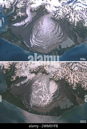 Color satellite image of Malaspina Glacier, Alaska in 1986 and 2022, showing how the glacier has been melting over the years. Stock Photo