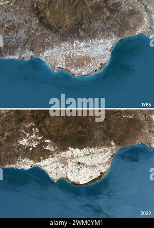 Color satellite image of intensive farming in Almeria, Spain between 1986 and 2022. The images show how the 'plastic sea' formed by greenhouses has expanded. Stock Photo
