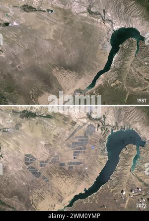 Color satellite image of Longyangxia Dam Reservoir in 1987 and  Longyangxia Dam Solar Park in 2022 that has rapidly grown north of the reservoir. The site is in China’s western province of Qinghai. Stock Photo