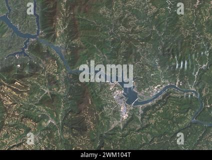 Color satellite image of the Three Gorges Dam on the Yangtze River in 2022. The dam is located in the Hubei province in central China. Stock Photo