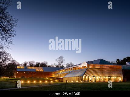 Night shot of exterior of the Burrell Collection Museum and Art Gallery building, within Pollok Park in Glasgow, Scotland, UK Stock Photo