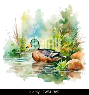 Watercolor duck and plants of lake. Hand drawn illustration Isolated on white background. Stock Photo