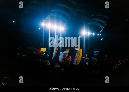 Supporters AS roma during the UEFA Europa League match Knockout Round Play-offs Second Leg As Roma vs Feyenoord Rotterdam at Olimpico Stadium on February 22, 2023, in Rome. Stock Photo