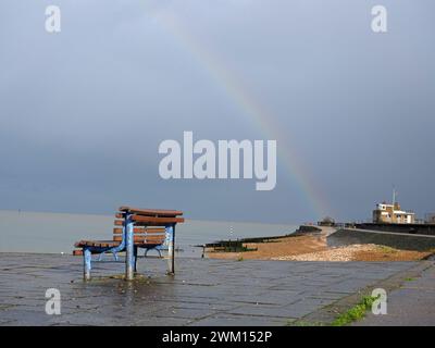 Sheerness, Kent, UK. 23rd Feb, 2024. UK Weather: a faint rainbow after a rain shower in Sheerness, Kent this afternoon. Credit: James Bell/Alamy Live News Stock Photo