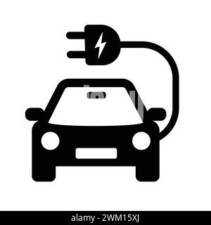 Electric Car With Plug Icon. Front-View Of An Electric Vehicle Symbol. Eco-Friendly Auto With Electric Battery. Electrical Fueling Plug Pictogram Stock Vector