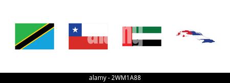 Flag of Tanzania, Flag map of Cuba,Flag of the United Arab Emirates, Flag of Chile, Popular brand logo collection. Stock Vector