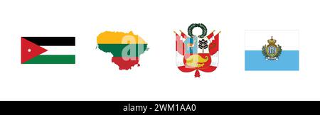 Flag of San Marino, Flag of Jordan, Coat of arms of Peru, Flag map of Lithuania,Popular brand logo collection. Stock Vector
