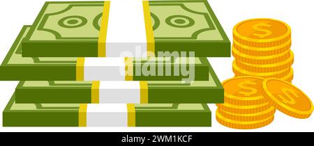 vector dollar bills packs and coins. dollar piles and golden coins. flat style. isolated on white background Stock Vector