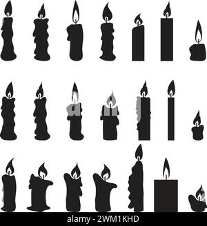 vector candle silhouettes isolated on white background. candles of various forms with burning fire icons Stock Vector