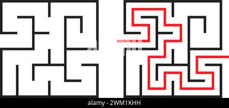 vector square maze puzzle isolated on white background. abstract labyrinth graphic of square shape and solution. find a way game illustrations. maze p Stock Vector