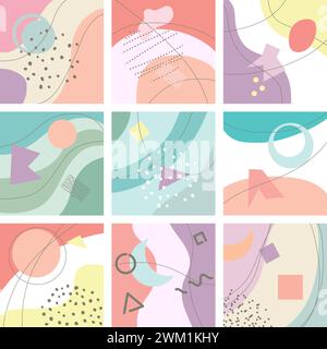 vector set of abstract backgrounds of pastel colors with hand drawn various modern colored shapes and line arts. creative banner template Stock Vector
