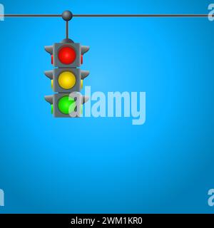 vector icon of traffic light on blue background. stoplight semaphore symbol with red, yellow and green lights. safety regulation signs. flat style gra Stock Vector